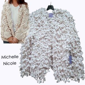 Michelle Nicole Blush Pom Pom Cottagecore Cardigan Open Front Knit Sweater NWT